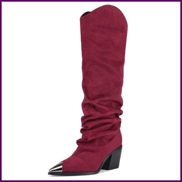 Knee High Boots Pointed Toe Chunky Heel Slouchy Tall Faux Suede